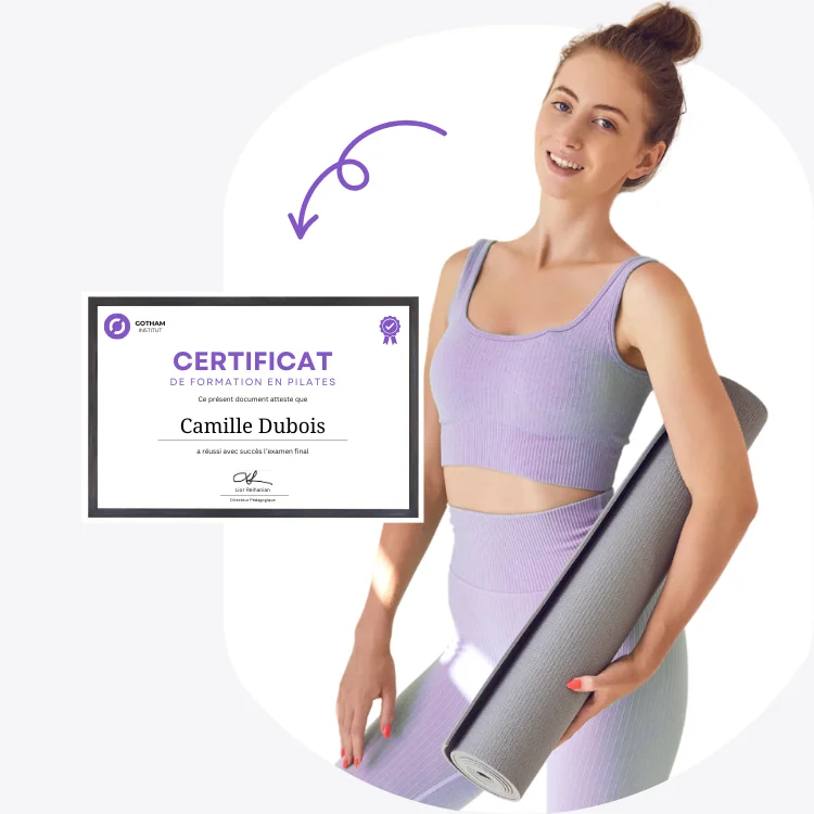 Certificat de formation Pilates délivré par Gotham Institut avec une élève diplômée.